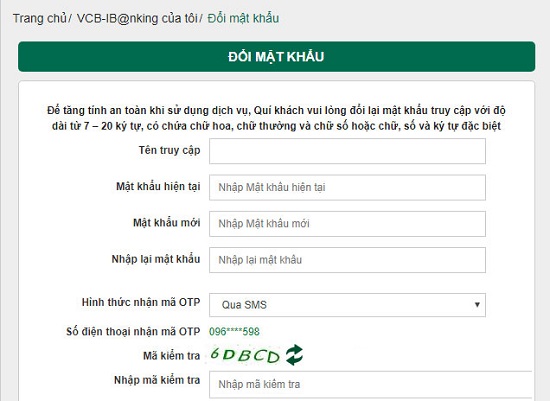 doi mat khau Internet banking vietcombank