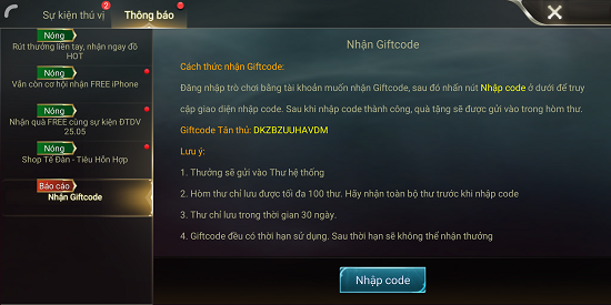 nhan giftcode lien quan mien phi