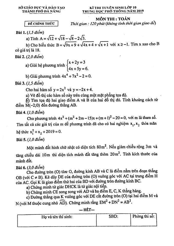 Đề thi lớp 10 năm 2019 môn Toán 