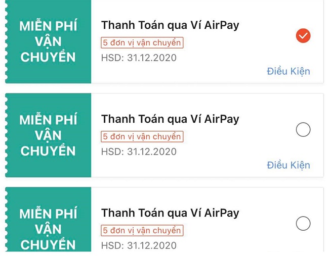 Voucher vận chuyển không thể áp dụng cho phương thức thanh toán hiện tại