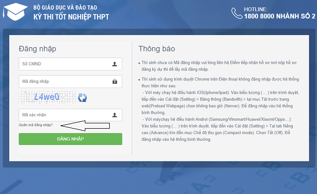 Lấy mã đăng nhập thisinh.thithptquocgia khi quên