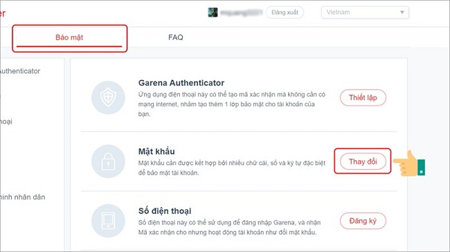 Cách đổi mật khẩu Garena Liên Quân