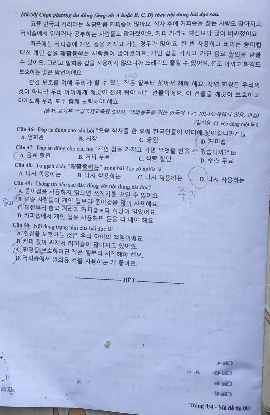 Đề thi Tiếng Hàn THPT Quốc gia 2021 mã đề 001