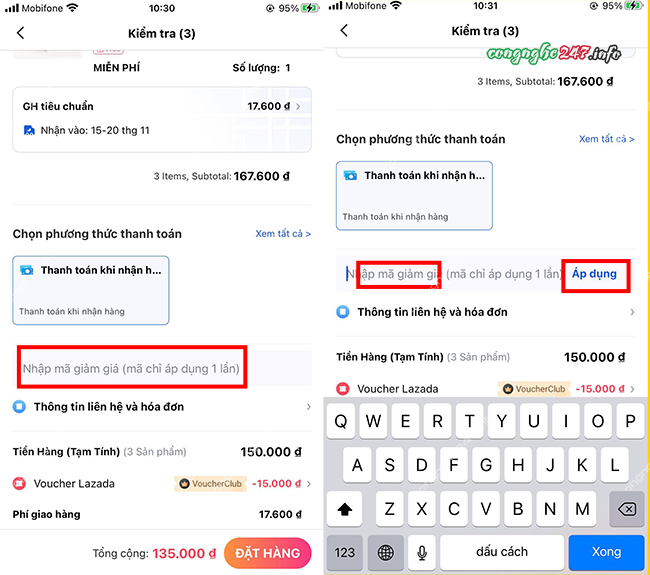 Cách nhập mã giảm giá Lazada