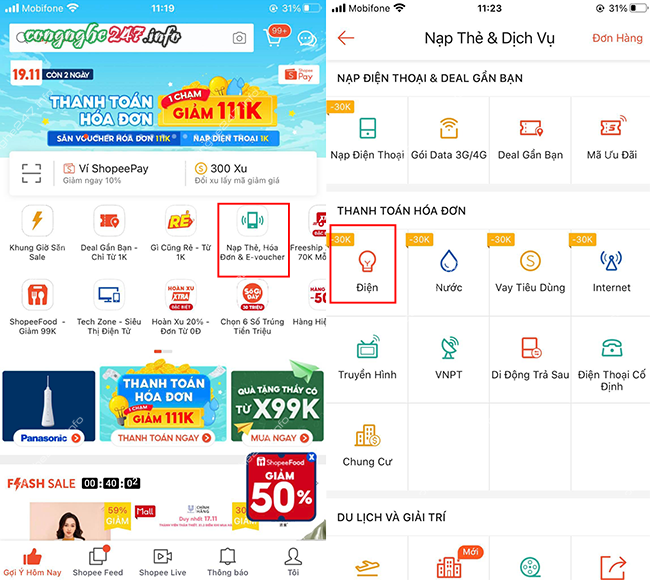 Mã giảm giá thanh toán tiền điện Shopee