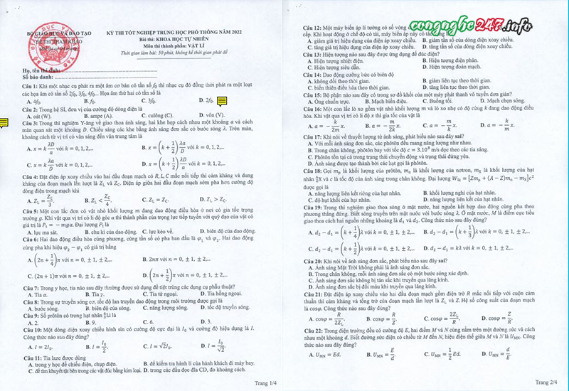 File đề minh họa thi tốt nghiệp THPT 2022