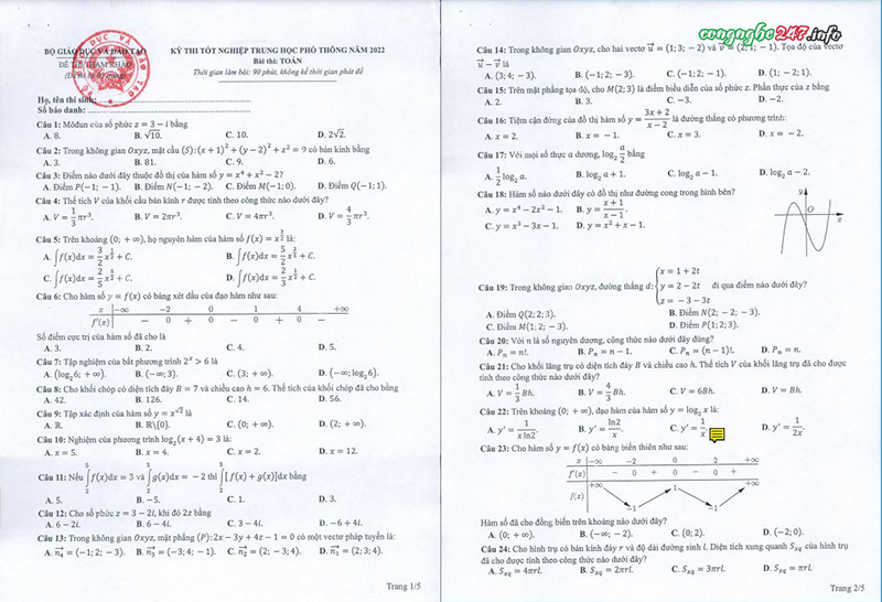 File đề minh họa thi tốt nghiệp THPT 2022