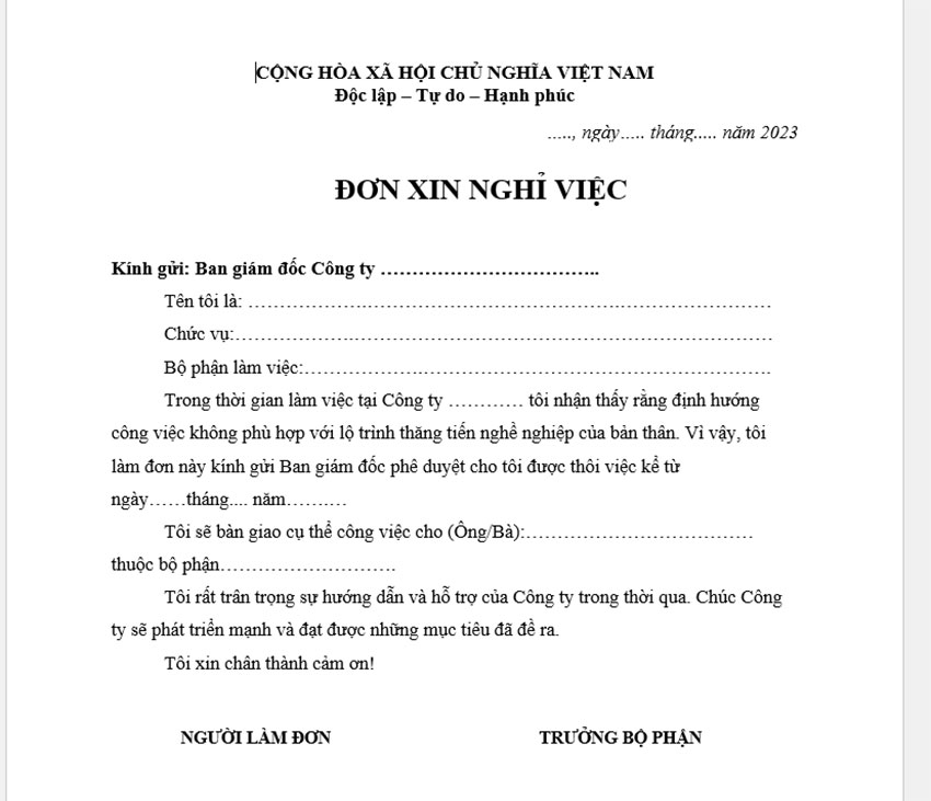 don xin nghi viẹc ngan gon, xuc tich